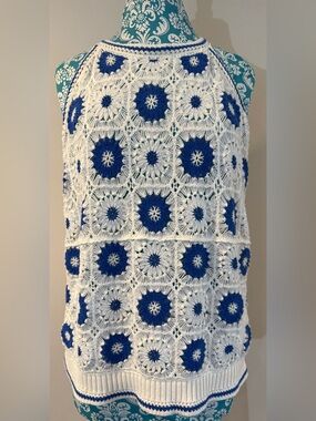 TRIBAL JEANS brand White & Blue Granny Square Crochet Rocker Tank Top
